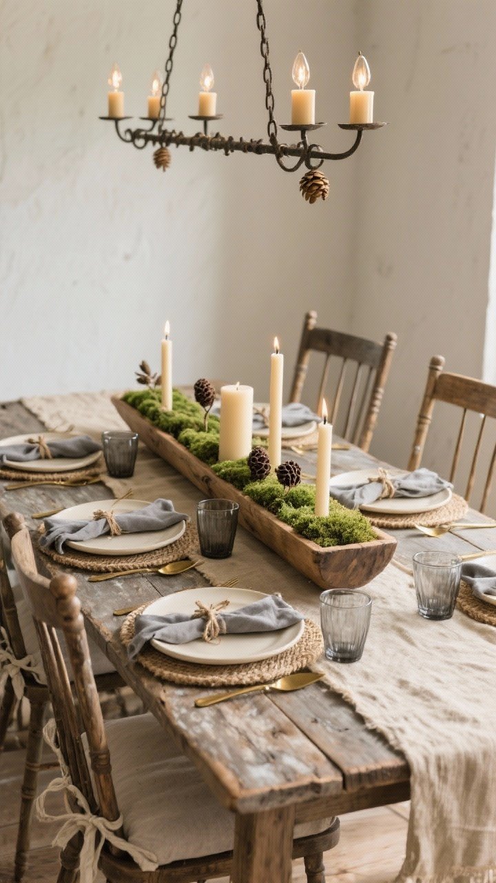Photorealistic medium shot of a sun-faded reclaimed wood dining table styled with a stonewashed flax runner in oatmeal. Centerpiece: a long mango-wood trough filled with soft green moss, pillar candles, and a few dried seed pods. Place settings layered with round jute chargers, matte cream stoneware plates, mottled gray napkins tied with twine, vintage brass flatware, and smoky glass tumblers. Spindle-back chairs in weathered oak with linen tie-on cushions. Overhead, a wrought-iron linear chandelier with beeswax-style bulbs casting warm, airy light. Palette: oat, driftwood, charcoal, warm brass. No people, rustic farmhouse mood.