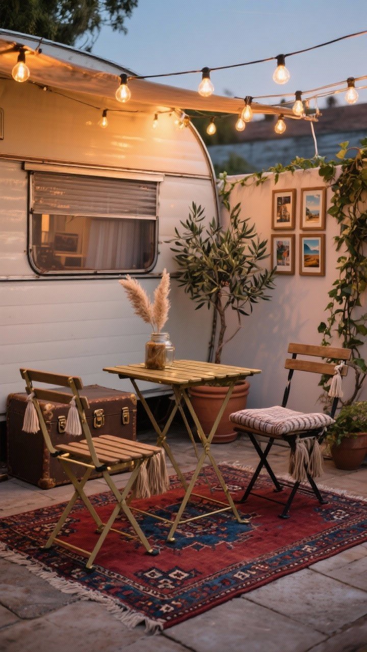 Photorealistic medium shot, slightly oblique: vintage caravan vibes on a compact patio. Muted red-and-indigo kilim rug under a weathered brass folding bistro table, two mismatched wooden chairs with tassel-tied seat cushions. Overhead festoon lights with warm bulbs. Decor includes a vintage trunk repurposed as a side table and a small outdoor-safe gallery of framed postcards on the wall. Plants: clay-potted olive tree, trailing ivy, and a jar with dried pampas. Cozy, nostalgic evening ambiance, warm color temperature.