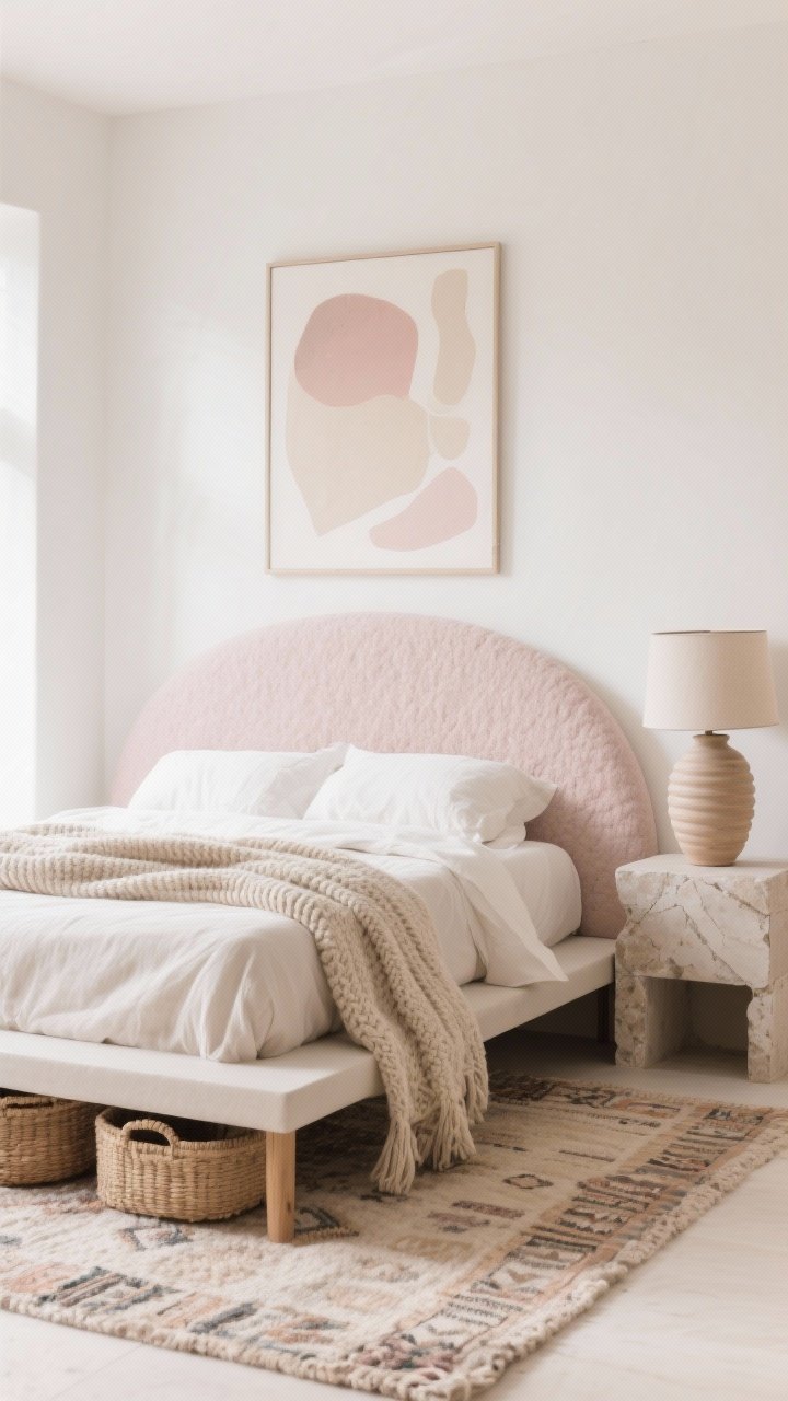 Photorealistic medium shot, Soft Neutral Minimal Boho: serene palette of ivory, sand, pale blush; simple platform bed with a curved upholstered headboard in boucle or linen; soft oatmeal linens, chunky knit throw, textured Moroccan rug; single oversized ceramic lamp on a fluted wood or plaster-look nightstand; abstract quiet art in beige, blush, stone; hidden storage baskets just visible under the bed; soft diffused daylight, straight-on.