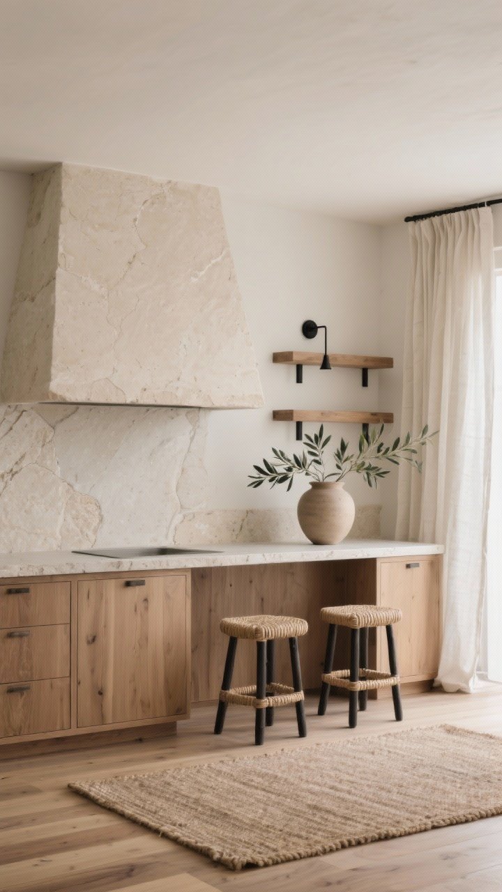 Photorealistic minimal medium shot, “Stone and Linen Sanctuary”: flat-front natural oak cabinets, limewash plaster hood with subtle texture, honed limestone countertop, a single oversized ceramic vessel with olive branches as the focal decor, linen cafe curtains filtering light, slim matte-black sconces over open shelves, stools with woven papercord seats, palette of oatmeal, ecru, stone, charcoal, wide-plank oak flooring with natural oil finish, flat natural jute rug; calm diffused daylight, uncluttered composition, straight-on view.
