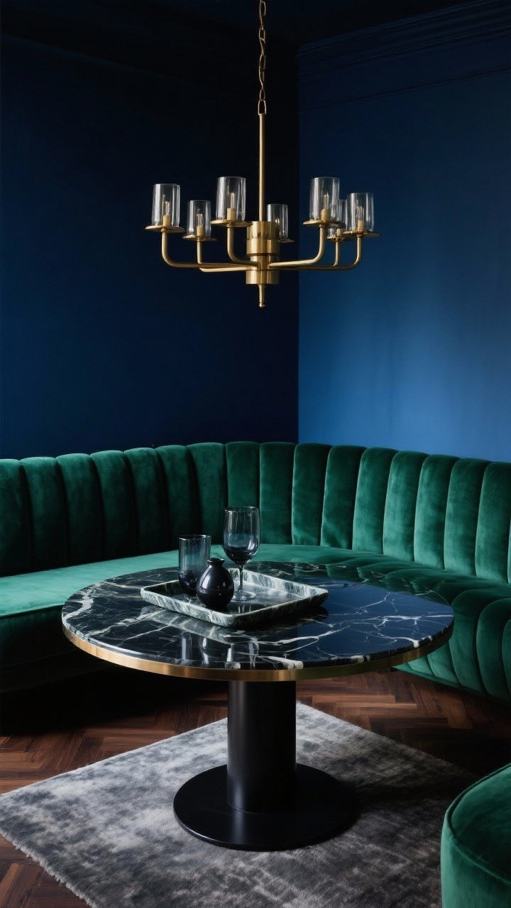 Photorealistic moody closeup detail shot: a deep ink blue wall behind a plush channel-tufted banquette in emerald velvet. In front, the edge of a round smoked-glass table on a black pedestal reflects a multi-arm brushed brass chandelier above. On the table: veined marble tray with smoky glassware and dark ceramics. Dark-stained wood floor visible with soft tonal wool rug. Rich jewel tones, intimate, dramatic lighting with gentle reflections.