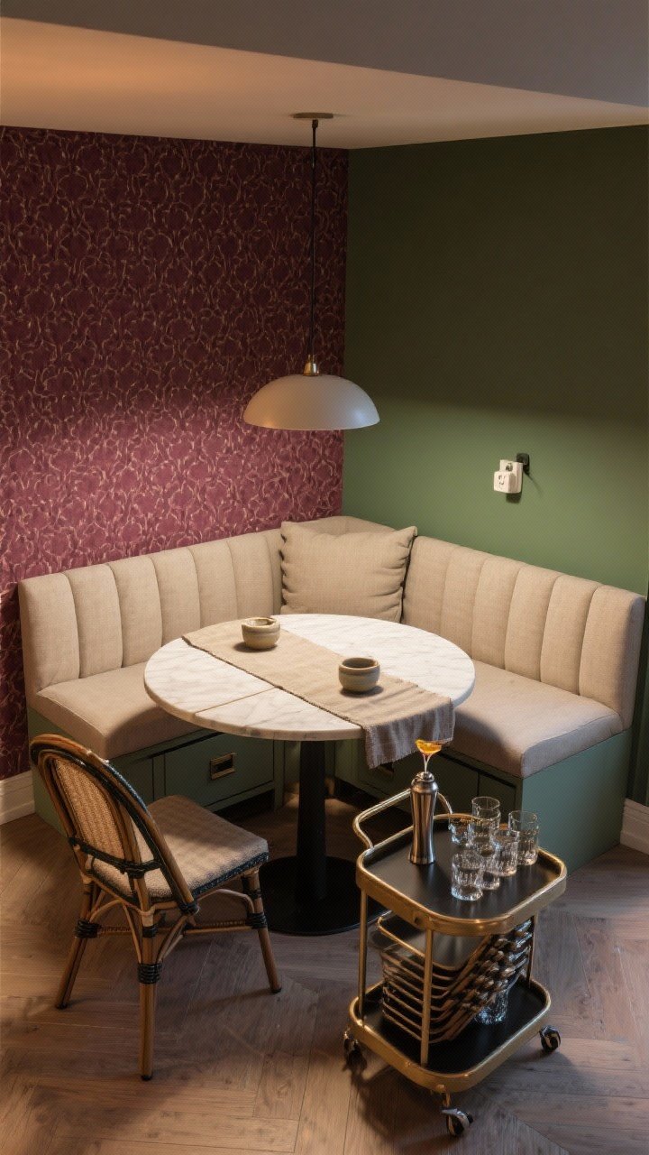 Photorealistic overhead and slight angle shot of a compact entertainer’s corner: banquette nook with wall-mounted bench and storage drawers, round drop-leaf table partially expanded, stackable bistro chairs, bar cart with glassware and a vintage cocktail shaker, plug-in pendant centered over the table, peel-and-stick patterned wallpaper in deep berry or emerald making a destination wall, neutral upholstery, tabletop styled with a linen runner and simple stoneware, hint of hidden bench cushions nearby, warm inviting evening light suitable for hosting