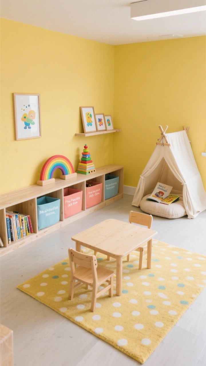 Photorealistic overhead/angled medium shot: “The Playfully Minimal Kid Zone.” Sunny butter-yellow accent wall; washable dotted rug anchoring an open center floor space for movement. Low birch cubbies along a single wall with soft bins in sky, coral, and sand; labeled for categories. One open ledge shelf displaying a wooden rainbow, a stacker toy, and current library books. Kid-height table with two chairs; floor-cushion reading nook with a simple canopy. Two clip frames on the wall for rotating kid art. Cheerful yet orderly, easy cleanup vibe.