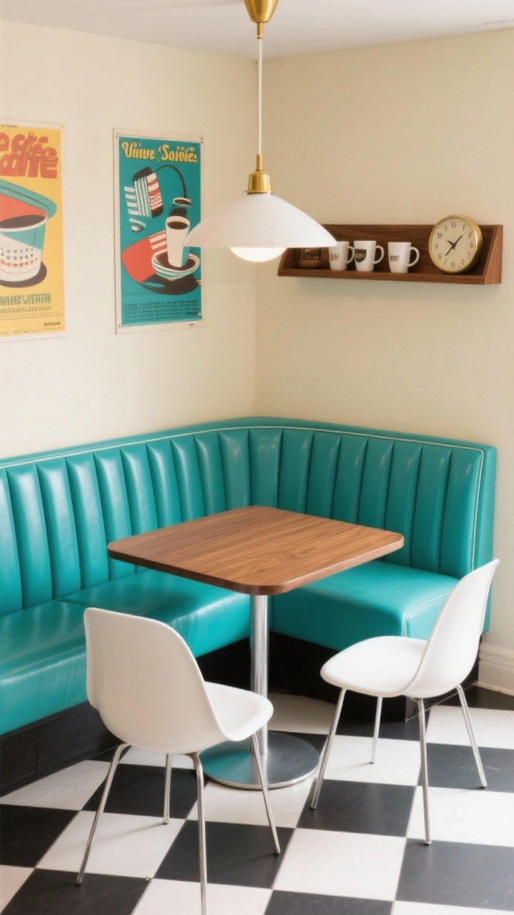 Photorealistic overhead/detail shot focused on retro midcentury diner elements: a streamlined channel-tufted booth in teal vinyl wraps two sides of the nook around a walnut tulip table. Nearby, two low-back molded white chairs. Soft buttermilk walls with a skinny teak shelf displaying coffee mugs and a vintage clock. A matte white midcentury cone pendant with brass fittings hangs above, casting soft light on a checker tile runner beneath. Bold graphic posters are partially visible on the wall, adding lively café energy. Mood: cheerful, chic, slightly retro; palette of teal, walnut, buttermilk, white.