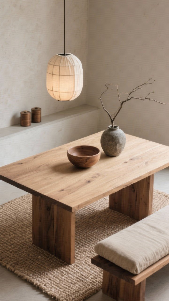 Photorealistic overhead detail shot of a serene Japandi tabletop: rectangular ash table with rounded edges, flax-colored cushion edge from a low bench just visible. Linen drum pendant glow softly illuminating hand-thrown ceramics, a shallow wood bowl, and a single branch in a stone vase. Background hints of microcement/limewash walls and a slim floating ledge with a couple of tea canisters. Tight-weave natural fiber rug texture at the edge. Beige, clay, charcoal, natural wood palette; restful, minimal composition.