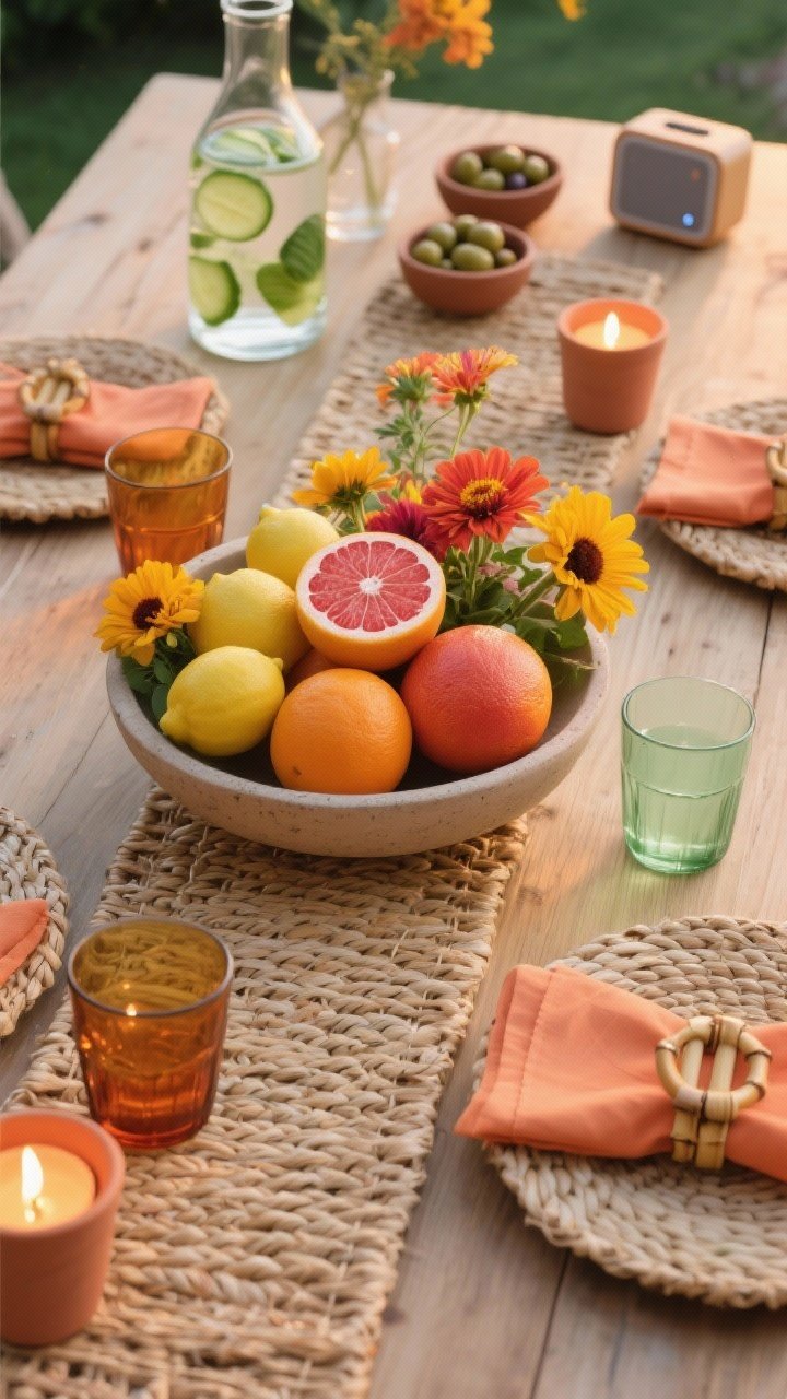 Photorealistic overhead detail shot of a summer alfresco-inspired table with a natural rattan runner on a bare wood surface, central low bowl overflowing with citrus—lemons, clementines, blood oranges—tucked with marigolds and zinnias, flanked by terra-cotta tea lights; woven chargers with sandy beige matte stoneware, coral or tangerine napkins with bamboo rings; colored tumblers in smoky amber and pale green catching warm-toned dimmable filament lighting that evokes sunset; extras visible: carafe of cucumber-mint infused water, small bowls of olives, a discreet portable Bluetooth speaker; vibrant, relaxed, sun-kissed atmosphere, no people
