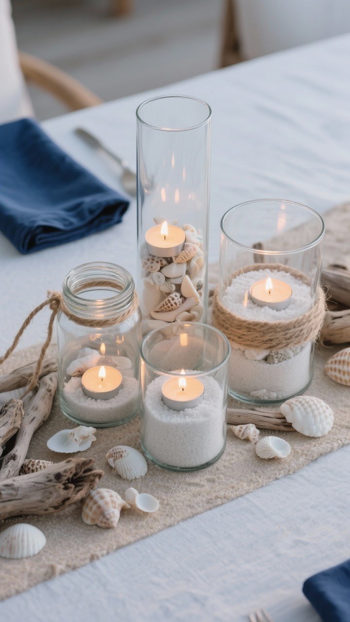 Photorealistic overhead shot of a coastal cluster centerpiece: three to five clear glass vessels of varied heights—a tall cylinder, a squat jar, a medium hurricane—loosely filled with white sand, mixed seashells, and small driftwood pieces. Tea lights or short votives nestled inside twinkle through the glass. One vessel sits atop a neatly folded indigo napkin for a navy pop. A thin length of jute twine is tied around one jar. Palette: sea-glass clear, sandy beige, chalk white, navy. Textures: glass, sand, rough wood, smooth shell. Soft evening light for gentle sparkle.