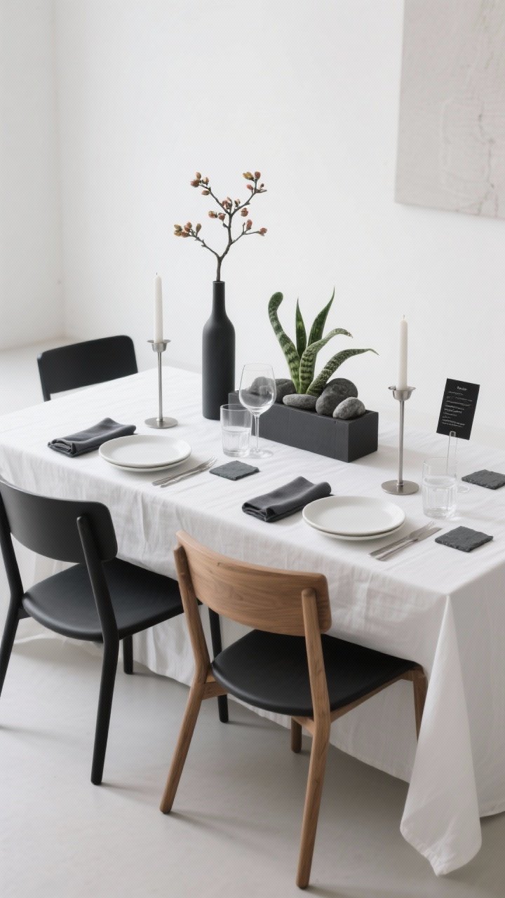 Photorealistic straight-on medium shot of a modern minimal dining scene: crisp white tablecloth with no runner and ample negative space, chairs in black and natural oak for a gallery-like backdrop; single sculptural centerpiece—a long, low rectangular planter with snake plant cuttings and monochrome stones (or a tall, narrow vase with a single blooming quince branch); two minimalist brushed-steel candlesticks; place settings with white porcelain featuring a subtle rim, squared-edge cutlery, charcoal linen napkins folded into clean rectangles; thin-stem wine glasses, straight-sided water glasses; small black sans-serif menu card at each seat and slate coasters; calm, curated, editorial mood with soft, even lighting, no people