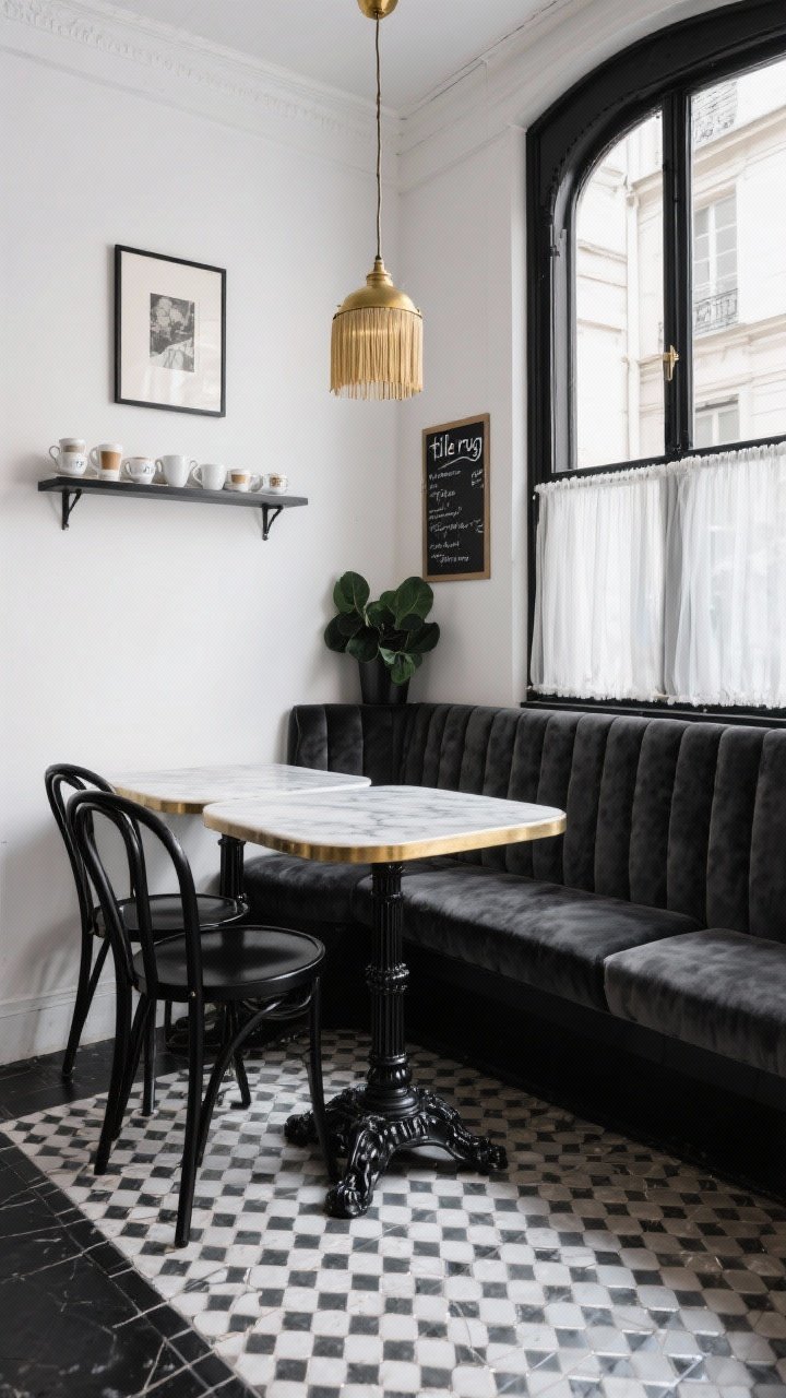 Photorealistic straight-on medium shot of a Parisian bistro-inspired black-and-white nook: a marble bistro table with black cast-iron base, two ebony bentwood café chairs, and a slim tufted charcoal-velvet banquette. A black-and-white mosaic “tile rug” pattern under the set, brass fringe pendant overhead. Narrow wall-mounted shelf with stacked espresso cups and petite framed art, sheer café panels with black trim at the window, a small chalkboard menu on the wall. Palette of black, white, brass with a pop of deep green plant.