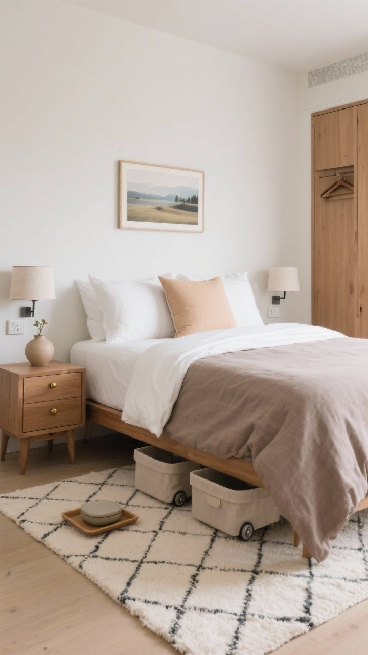Photorealistic straight-on medium shot: “The Serene Capsule Bedroom.” Bed dressed in crisp white percale sheets, taupe linen duvet, one almond-colored lumbar pillow—no extra pillows. Narrow wood nightstands with single drawer and small brass knob on each side. Plug-in sconces with linen shades above each nightstand, saving surface space. Low-pile Moroccan diamond rug in ivory and sand underfoot. Minimal decor: one serene landscape print, a ceramic bud vase, and a lidded catchall tray. Under-bed rolling bins with fabric lids just visible; slim wardrobe with matching wooden hangers. Soft, hotel-like tranquility.