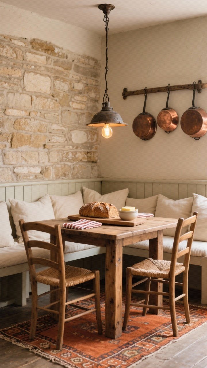 Photorealistic straight-on medium-wide shot of a rustic bakery alcove: a rectangular farmhouse table in reclaimed oak sits before a built-in shiplap bench with thick cream linen cushions, flanked by two ladder-back chairs with rush seats. Back wall clad in thin stone veneer or limewash plaster, warm and tactile. A trio of antique copper pans hangs as decor, with a chunky iron pendant overhead featuring warm Edison bulbs. A terracotta-toned kilim runner grounds the space. On the table: wooden bread board with crusty loaf, striped napkins, ceramic butter dish. Mood: hearty, inviting, tactile; palette of warm oak, terracotta, cream, copper.