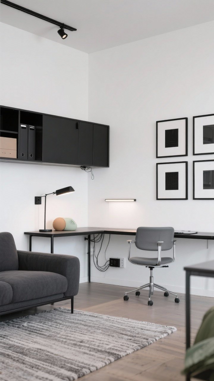 Photorealistic straight-on micro-office living room: white walls, charcoal sofa, black metal-leg desk doubling as a console behind the couch, wall-mounted floating cabinet for hidden files, slim task chair tucked beneath, grid gallery wall in black frames, flat-woven rug for low visual noise, palette of black, white, gray with a single accent (soft sage or tan object), linear LED desk light and matte black sconce, visible cord channels and a cable box for clean cable control, crisp calm lighting
