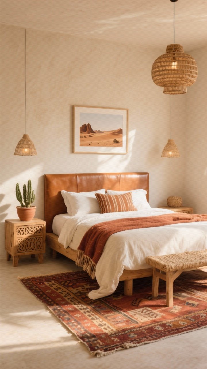Photorealistic wide bedroom shot, Sunlit Desert Oasis: sandy beige walls, cognac leather headboard on a simple wood bed with creamy off-white linen bedding, earthy palette of terracotta, camel, rust; kilim rug underfoot, framed desert prints above the bed, potted cactus in a clay planter, woven jute bench at the foot, rattan pendant lights casting a gentle warm glow; low-profile carved wood nightstands with a rust-toned throw and striped lumbar pillow; textures of kilim, linen, raw wood; soft late-afternoon sunlight, straight-on view.