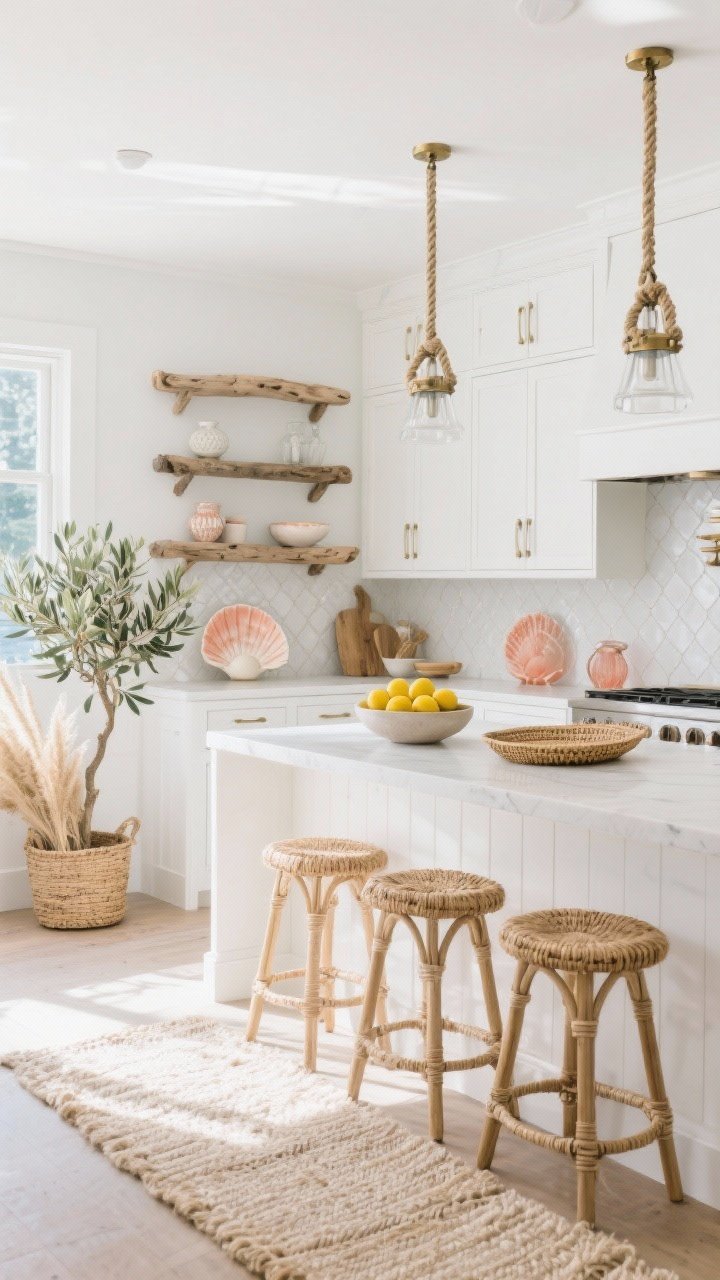 Photorealistic wide coastal kitchen, “Coastal Boho”: white cabinets with white zellige backsplash, driftwood open shelves, rope-wrapped pendants, brushed nickel or aged brass accents, seagrass barstools at the island, bleached jute rug, bowl of lemons for a color pop, shell-shaped ceramics, coral-toned glass, woven trays, olive tree in a basket planter or dried pampas grasses; bright sunlit morning, airy tone-on-tone whites, straight-on perspective.