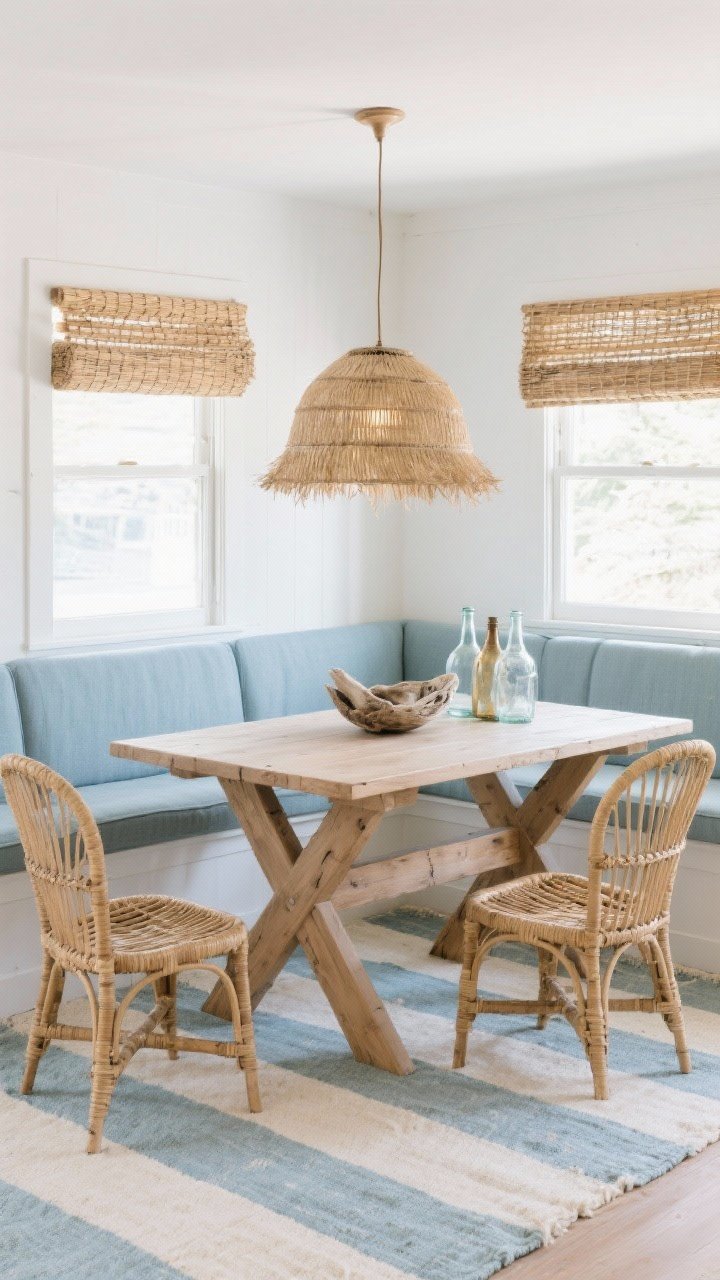 Photorealistic wide coastal nook with a light oak trestle table, built-in bench upholstered in stone-blue performance fabric, and two rattan tub chairs adding woven texture. Oyster white walls, striped flatweave rug in soft blue and ecru, oversized seagrass pendant casting warm light. Accessories include vintage glass bottles and a sun-bleached driftwood bowl on the table, woven wood shades filtering natural light. Airy colors, layered natural materials, relaxed seaside vibe.