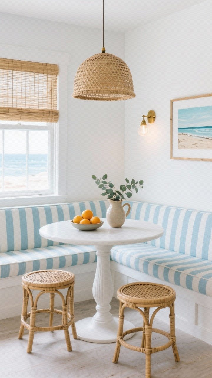Photorealistic wide corner angle of a coastal fresh breakfast nook: striped banquette in soft blue-and-white ticking lines the corner, paired with a white pedestal table. Two rattan bistro stools with woven seats add texture. Walls are crisp white with a window dressed in bamboo shades filtering beachy light. Overhead hangs a woven rattan dome pendant; a simple brass sconce provides evening glow. Styling includes coastal art, a bowl of citrus, and a ceramic pitcher with eucalyptus on the table. Mood: airy, beachy, casual; palette of white, sky blue, sand, brass.