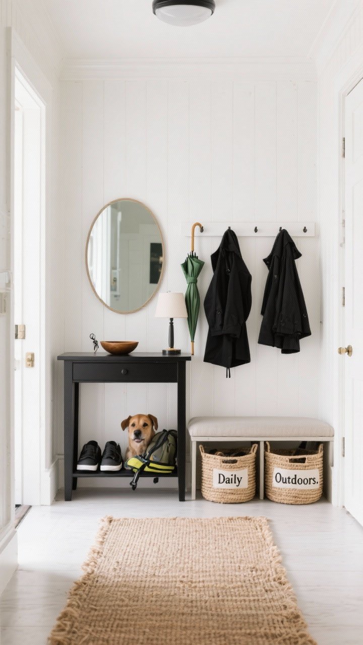 Photorealistic wide entryway shot, straight-on: “The Breezy Entryway Hub.” Warm white walls, natural jute runner on the floor. Slim black console with only a key bowl and a small lamp. Large round mirror hung above the console to bounce light. Opposite wall: shallow shaker peg rail holding a couple of neatly arranged coats; beneath it a lidded bench concealing shoes and dog gear. Two matching baskets labeled “Daily” and “Outdoors.” Color story of black accents, natural fibers, and a soft green umbrella adding charm. Bright, disciplined, clutter-free mood.