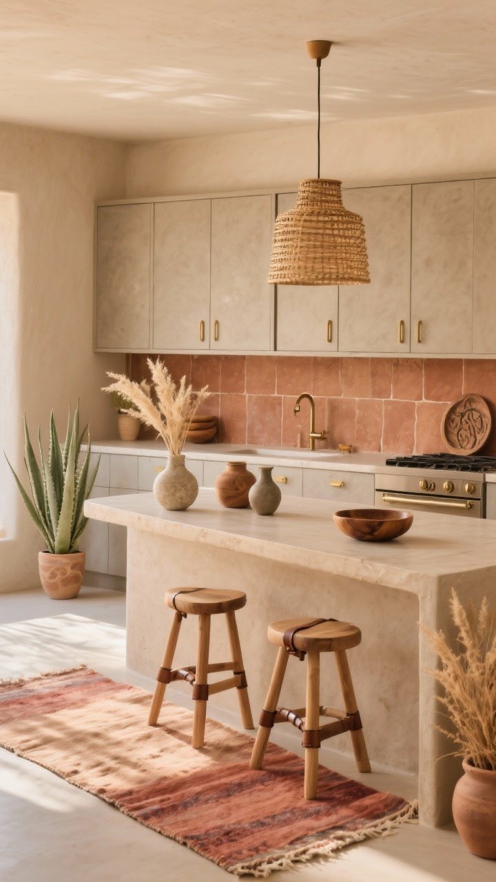 Photorealistic wide kitchen shot, “Desert-Neutral Oasis”: warm, sandy cabinetry in mushroom/greige/light clay, matte terracotta handmade-edge backsplash, microcement countertops in pale latte, brushed brass pulls, a single beehive pendant or woven rattan shades, low-profile oak stools with leather straps at the island, faded desert-hued rug in rust/blush/tan, carved wood bowls and ceramic jugs on counters, dried grasses in stone vases, aloe or snake plants in unglazed clay pots; sun-warmed golden-hour lighting, serene, uncluttered, straight-on perspective.