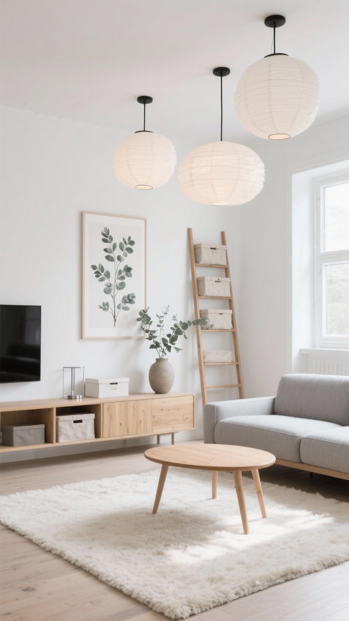 Photorealistic wide living room shot in Scandinavian style: soft white walls, light oak media console, low-profile gray sofa with tapered wood legs, cream wool rug, birch coffee table with rounded corners, trio of paper lantern pendants casting a cloud-like glow, slim ash-wood ladder shelf with stacked linen boxes, a single oversized botanical print on the wall, eucalyptus in a stoneware vase, brushed stainless accents and a few matte black touches, colors of white, oatmeal, pale gray, warm oak, sunlit ambiance even with small windows, uncluttered and airy