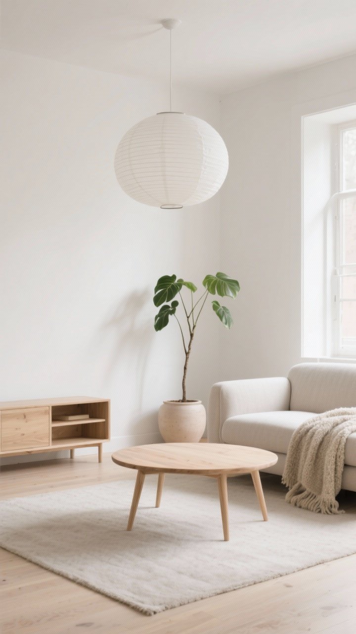 Photorealistic wide living room shot in warm cloud-white walls with soft natural daylight; low-profile linen sofa on slim legs, rounded birch slab coffee table with tapered legs, birch low media unit, single oversized white paper lantern overhead, tall sparse rubber plant in a pale ceramic pot; add a wool bouclé throw on the sofa; palette of cloud white, birch, sand, soft gray; camera at straight-on eye level emphasizing visible furniture legs and airy floor space.