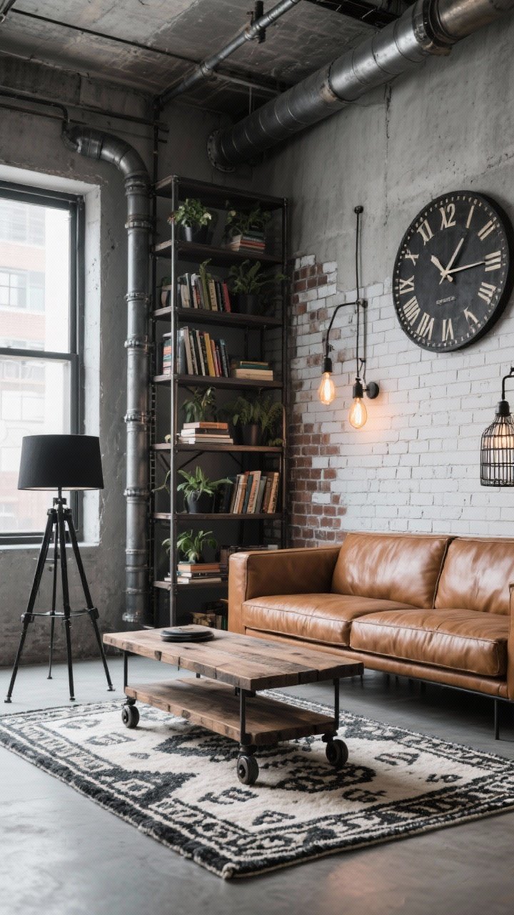 Photorealistic wide loft nook with urban industrial vibe: concrete gray walls, brick peel-and-stick accent wall behind a clean-lined cognac leather sofa, tall metal pipe shelving unit climbing vertically filled with books and plants, reclaimed wood coffee table on casters, industrial tripod lamp, black-and-cream kilim rug grounding the space, matte black and raw steel metals, Edison bulbs and cage sconces adding warm industrial light, oversized wall clock or typographic art, rugged yet cozy mood