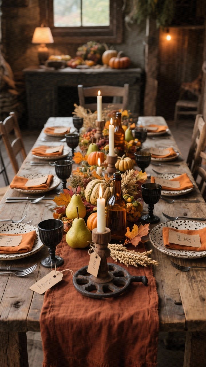 Photorealistic wide room shot of an autumn harvest farmhouse dining setup showcasing an heirloom solid wood table left bare with a rust-toned linen runner, mix-and-match wooden candlesticks with ivory tapers casting warm, low light; abundant centerpiece arranged along the runner: wax-dipped pears, mini squash, wheat bundles, seasonal leaves, and amber glass bottles for depth; place settings with speckled stoneware, ochre napkins, brushed black cutlery; short, sturdy vintage-style wine goblets; handwritten kraft-paper place tags clipped to napkins; a cast-iron trivet used as a serving pedestal; cozy, layered, generous mood under warm ambient lighting, no people