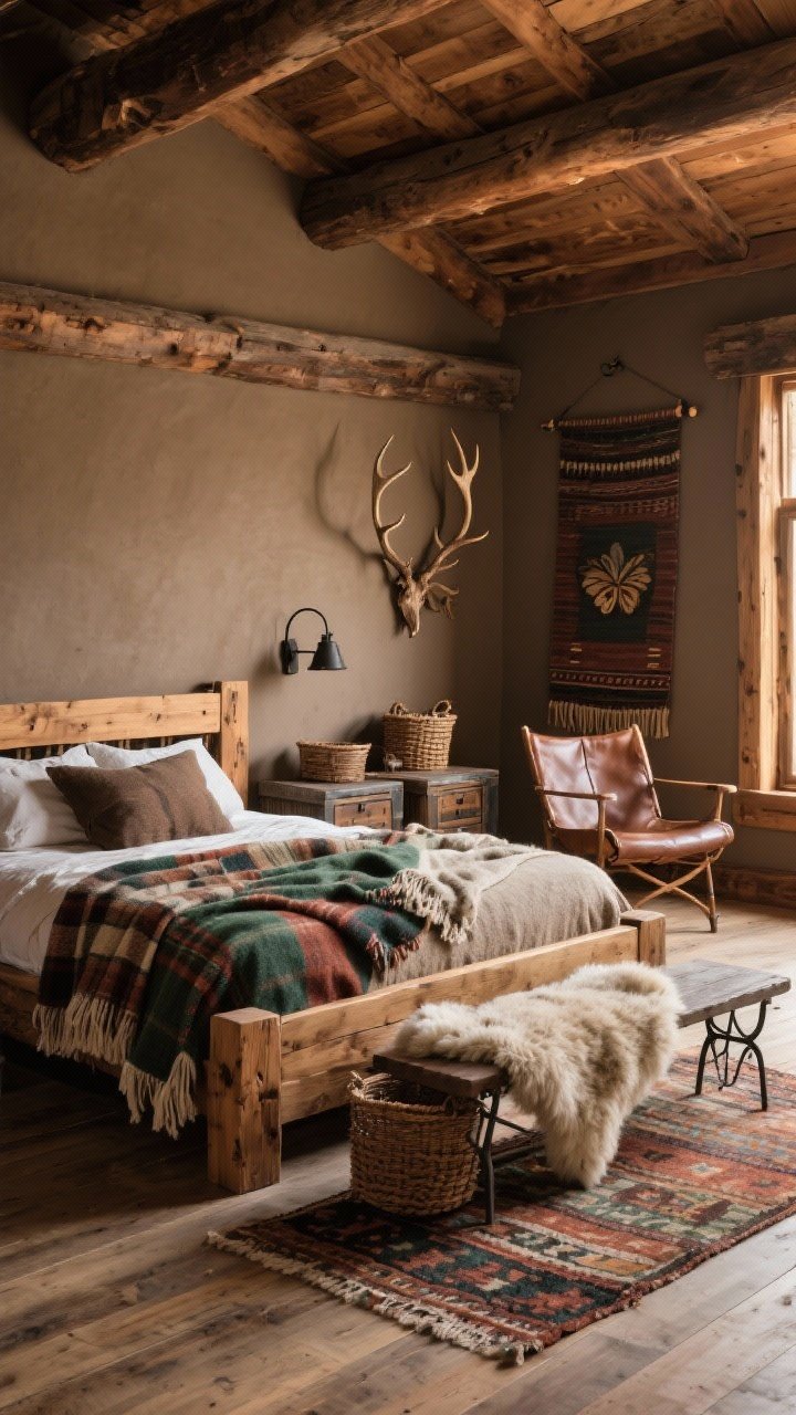 Photorealistic wide room shot, Rustic Cabin Boho: warm wood tones and reclaimed wood accents with warm taupe walls; solid wood bed with chunky frame; layered wool blankets, a plaid throw, kilim rug; iron sconces, leather butterfly chair, sheepskin draped over a bench; colors of espresso, taupe, deep green, rust; rough-hewn wood or metal nightstands; baskets and woven tapestries with antler-style hooks on the wall; cozy late-afternoon light, corner angle.