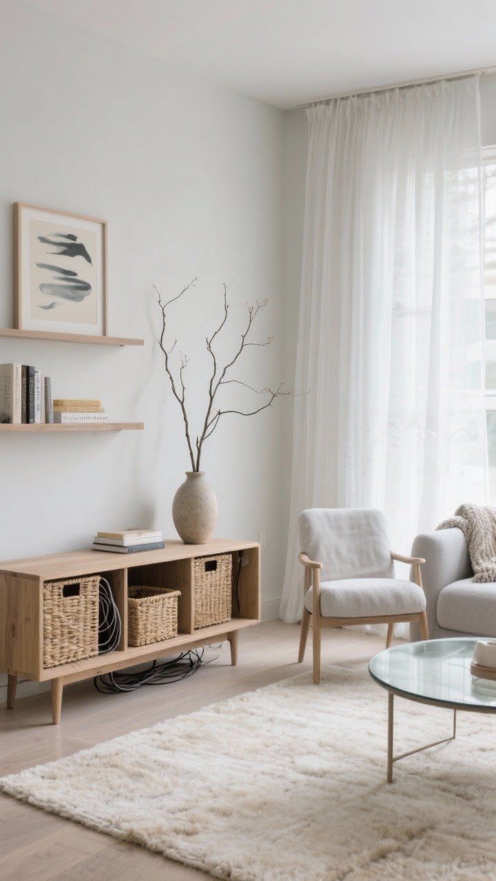 Photorealistic wide room shot: “The Cloud-Light Living Room” with an airy, breathable mood. Pale dove-gray sofa, creamy wool rug, gauzy white floor-kissing curtains, palette of soft grays, oatmeal, and warm white. Slim, purposeful furniture: light oak media console that hides cords with woven lidded baskets underneath, round glass-top coffee table, one linen slipcovered chair. Minimal decor: two tall branches in a stoneware vessel, one large abstract print, a single textured throw. Narrow wall-mounted shelf with three favorite books and a low vase. Soft natural daylight, boutique-hotel calm, uncluttered sightlines.