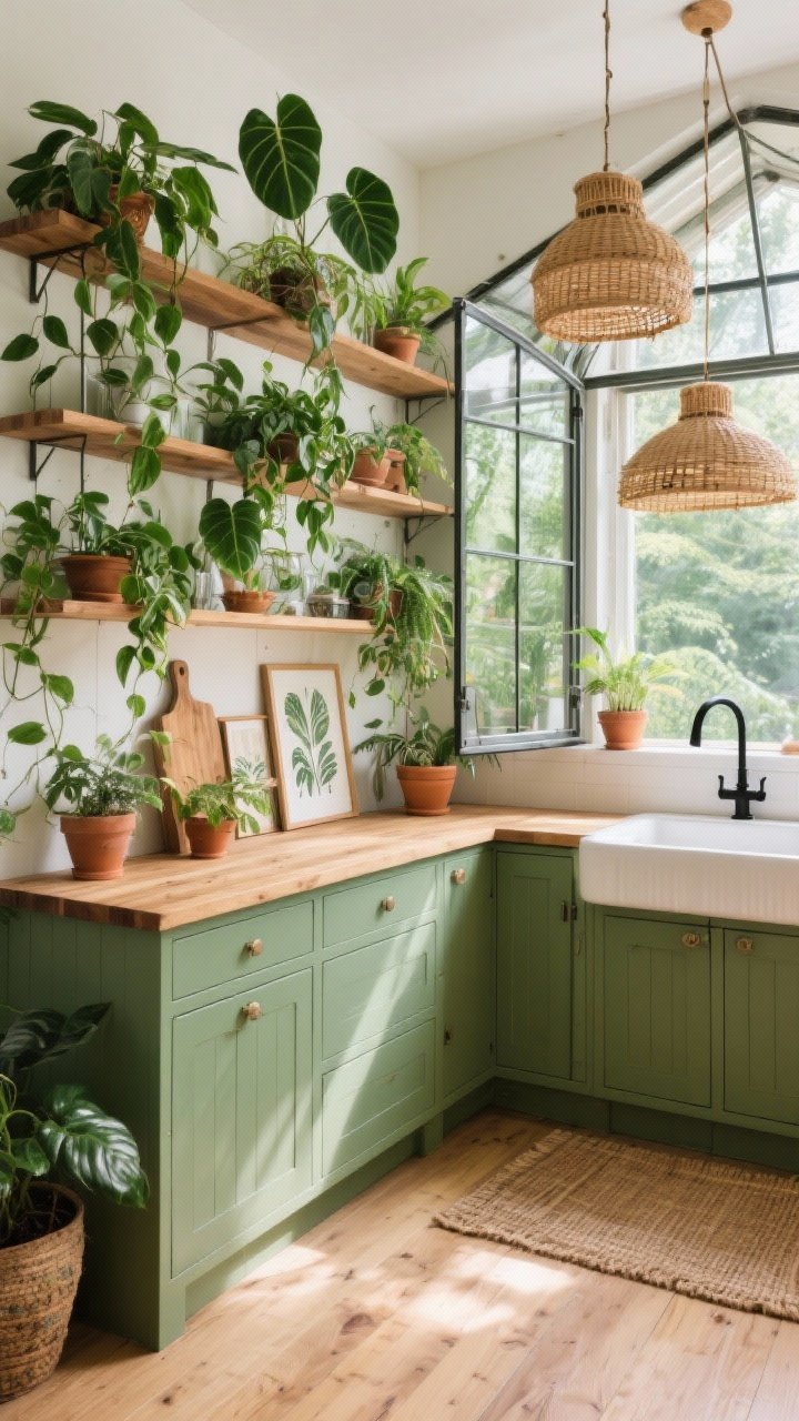Photorealistic wide shot, “Jungle-Boho Greenhouse Kitchen”: sage-green cabinets, butcher block counters, wall of open walnut shelving filled with trailing pothos and philodendron, a steel-and-glass greenhouse shelf near a bright window, deep apron-front sink with black gooseneck faucet, rattan pendant cluster, pale oak or bamboo flooring, terracotta pots, botanical prints, jute runner; fresh airy daylight, lots of sunlight and greenery, slightly elevated angle capturing the greenhouse shelf.