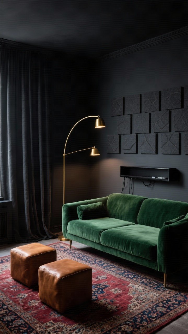 Photorealistic wide shot, moody micro-cinema: deep charcoal walls, a low-profile forest green velvet sofa centered, slim brass arc floor lamp sweeping over seating like a spotlight, matte-black wall-mounted media console with hidden cords beneath the screen, Persian-style rug in burgundy and navy grounding the space, blackout linen curtains drawn, two camel leather cube ottomans as extra seating, peel-and-stick acoustic panels arranged as geometric art behind the sofa; dim, cinema-style lighting emphasizing velvet sheen and brass highlights.