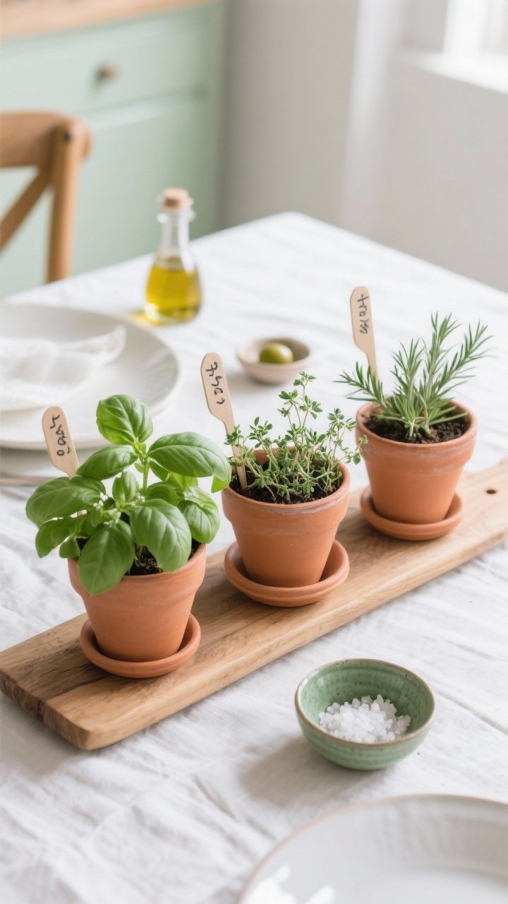 Photorealistic wide shot of a fresh herb garden trio centerpiece: three small terracotta pots lined up on a slim natural wood board, filled with live basil, thyme, and rosemary. The center pot is subtly elevated on an upside-down ramekin for stepped height. Handwritten mini plant markers are tucked into each pot. Nearby, a small pinch bowl with scattered sea salt flakes and a petite olive oil cruet complete the Italian kitchen vibe. Palette: leaf green, warm clay, natural wood, linen white. Bright, clean daylight, no people, inviting yet uncluttered table setting.
