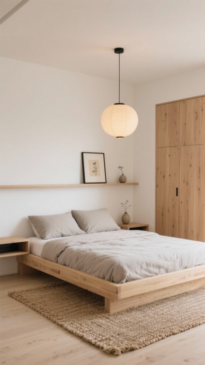 Photorealistic wide shot of a Japandi minimalist small bedroom: low pale oak platform bed centered against creamy white walls, slim 8-inch-deep floating night shelf instead of nightstands, slim rail wardrobe in light oak, linen duvet in stone with two oversized pillows, woven jute rug peeking out on three sides of the bed, single paper lantern pendant casting a serene warm glow overhead; palette of warm whites, oat, light oak with subtle matte black accents; include one framed washi print and a small ceramic bud vase on the shelf; hidden underbed storage just visible; clean lines, uncluttered, calm