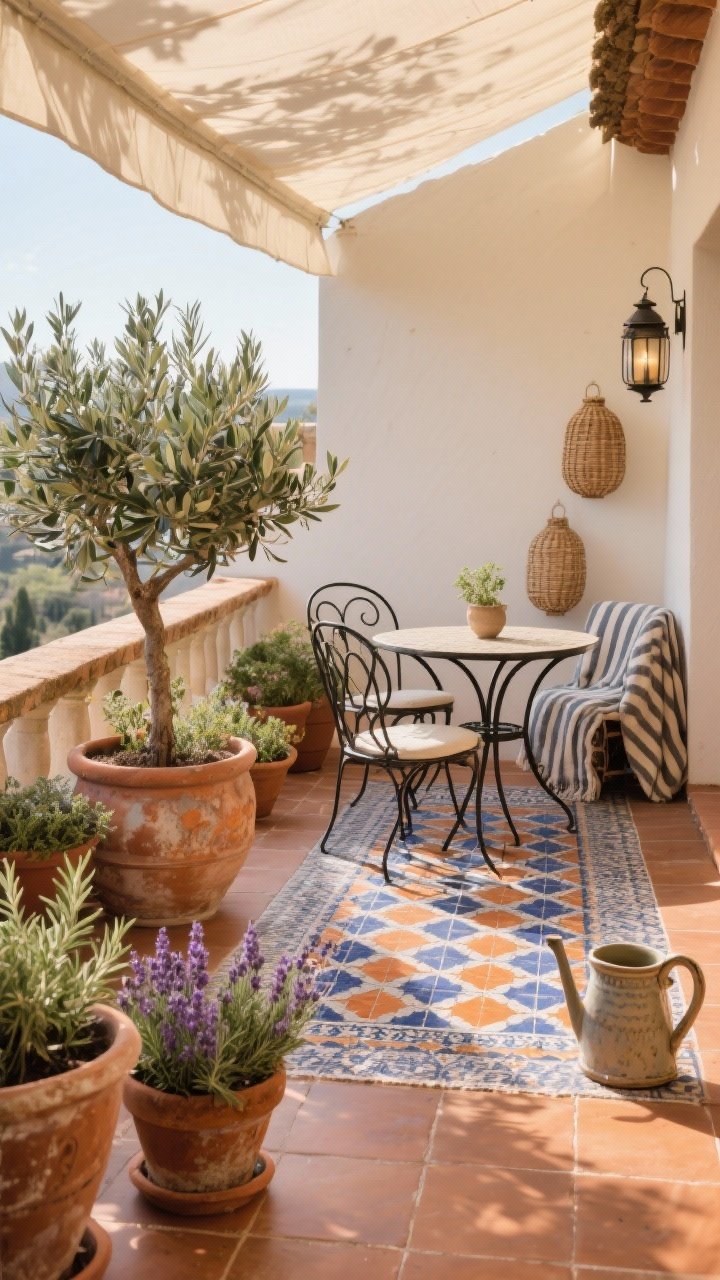 Photorealistic wide shot of a Mediterranean terracotta courtyard balcony: mixed rounded terracotta pots with aged patina planted with rosemary, thyme, lavender, and a dwarf olive tree in a statement pot. A tile-look outdoor rug in geometric blues and burnt oranges spans the floor. A wrought-iron bistro set with curved lines sits under a cream canvas shade sail creating dappled shade. Woven lanterns, a ceramic watering can, and a casual striped throw add layers. Warm late-afternoon sunshine, slight corner angle.