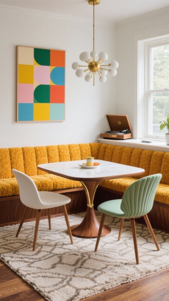 Photorealistic wide shot of a mid-century modern breakfast nook: compact walnut wishbone table, built-in bench upholstered in citrus-hued boucle (marigold) with rounded corners and tapered legs throughout. Two iconic shell chairs in white or pistachio, a Sputnik chandelier overhead. Graphic geometric art in bold color blocks on the wall, low-pile wool rug with a subtle mid-century pattern. Small record player on a nearby ledge. Palette of walnut, white, brass with one confident color pop. Punchy, playful styling.
