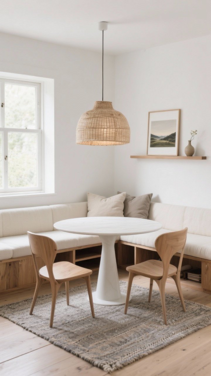 Photorealistic wide shot of a modern Scandi breakfast nook flooded with natural daylight: a built-in low-profile oak banquette with hidden storage, topped with ecru bench cushions and oatmeal-toned pillows. A round white oak table centered, flanked by two minimalist wishbone chairs. Warm white walls, a woven paper pendant overhead that would give a moody glow at night. Above the bench, a single narrow picture ledge holding a landscape print and a ceramic bud vase. A flatweave rug in gray-beige grounds the space. Mood: calm, airy, unfussy; palette of warm white, sand, soft gray.