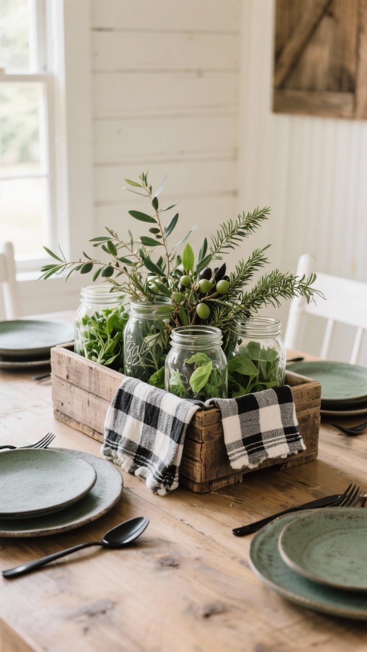 Photorealistic wide shot of a rustic farmhouse dining scene centered on a small weathered wooden crate lined with a folded tea towel in black-and-white buffalo check. Inside, a jumble of clear mason jars stuffed with leafy greens: backyard clippings, olive branches, rosemary, and fern fronds, with a few stems spilling over the edge for a foraged look. Surrounding table elements include matte black flatware and stoneware plates to ground the palette of warm wood, creamy white, forest green, and charcoal. Natural daylight from a side window, visible textures of wood grain, woven cotton, and glass.