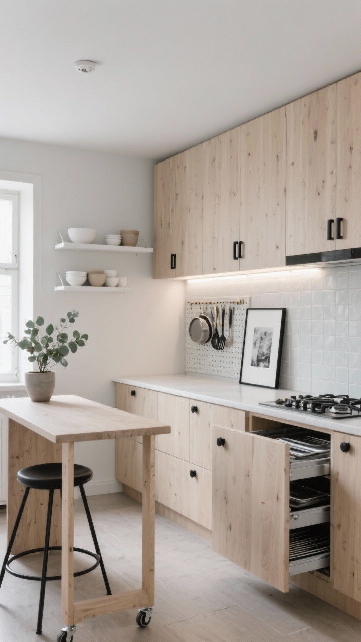 Photorealistic wide shot of a Scandinavian slimline studio kitchen: birch wood cabinet fronts with matte black pulls, soft white quartz countertops, and a pale gray micro-tile backsplash; slim pull-out pantry beside the stove slightly open, toe-kick drawers ajar with sheet pans visible, and pegboard-backed cabinet doors holding lids and spatulas; sparse open shelves showing white and oatmeal-toned ceramics; minimalist linear LED under-cabinet lighting casting soft glow; narrow birch-topped island on wheels with a tucked-in black stool; one potted eucalyptus and a framed monochrome print; clean, calm atmosphere, straight-on perspective