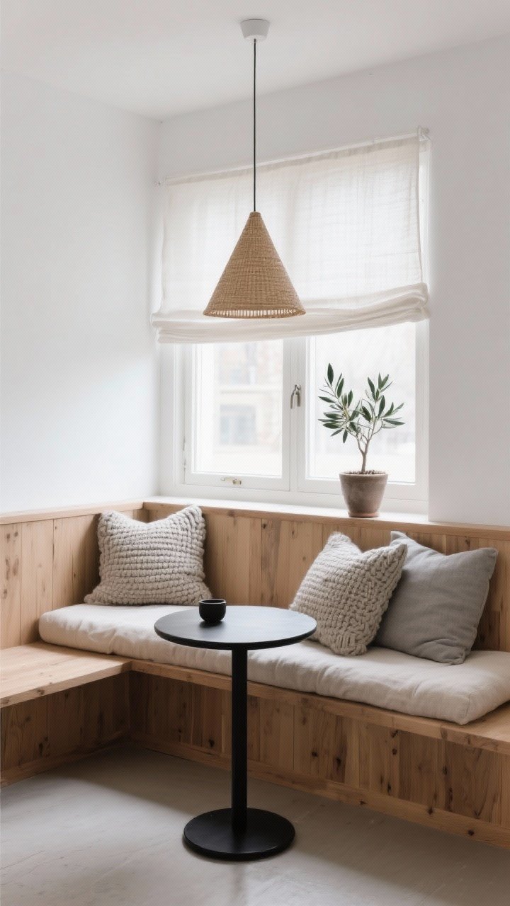 Photorealistic wide shot of a Scandinavian window ledge nook: wall-to-wall natural oak built-in bench under a large window, topped with an oatmeal linen cushioned seat and chunky knit pillows in soft gray; white walls, a small matte black round bistro table for two; linen roman shade filtering bright natural light; a tiny potted olive tree on the ledge; cone-shaped pendant in paper or rattan overhead; airy, serene, minimal mood