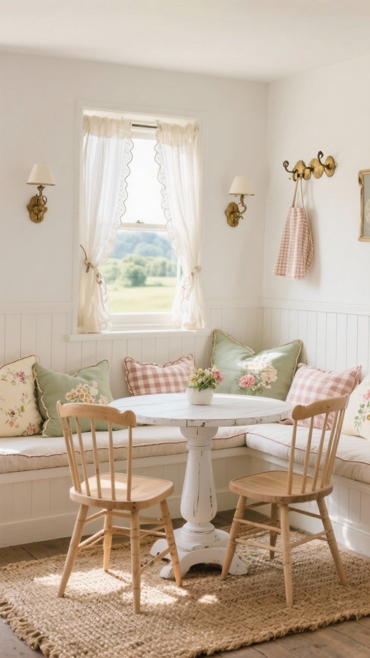 Photorealistic wide shot of a sunlit cottage breakfast nook with a built-in window seat wrapped in soft linen cushions with piped edges, scattered floral and gingham pillows in muted sage, buttercream, and dusty rose. A round whitewashed pedestal table sits in front with two light-oak Windsor-back chairs. Woven jute rug underfoot, soft warm white walls with beadboard half-wall, antiqued brass hooks with aprons nearby. Sheer café curtains filtering morning light, vintage-style scalloped sconces flanking the window. Bright, breezy countryside mood.