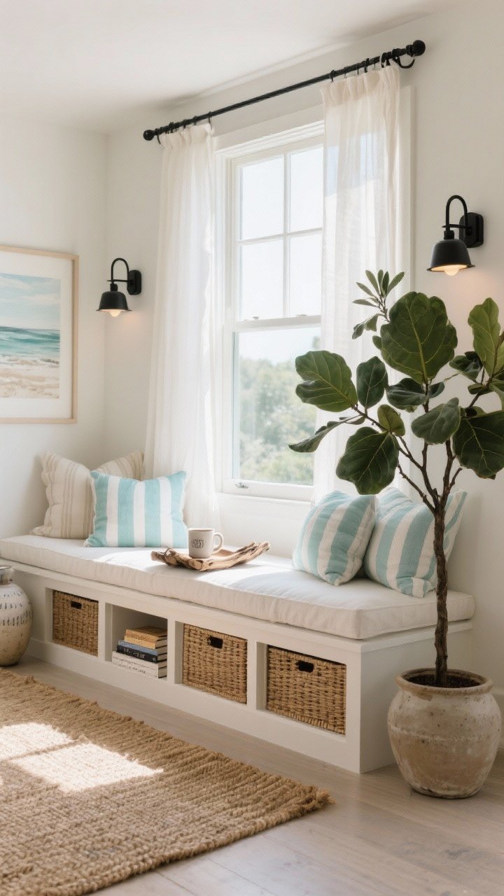 Photorealistic wide shot of a sunlit window seat with coastal calm: custom built-in window bench with hidden storage, topped with a tailored linen cushion in white-and-sand palette, pops of sea glass blue from striped pillows; woven jute rug on the floor; breezy sheer curtains filtering natural light; matte black swing-arm sconces mounted on both sides of the window for evening reads; driftwood tray with a mug and book stack; a tall fiddle leaf fig (or olive tree) in a ceramic pot; include subtle coastal art and a ceramic vase; materials linen, jute, rattan accents, matte black metal.
