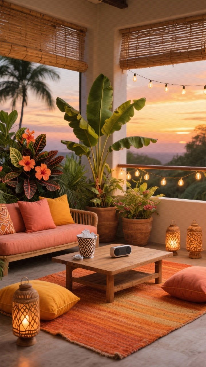 Photorealistic wide shot of a tropical sunset lounge: cushions and planters in sunset tones—terracotta, coral, marigold—surround croton, caladium, hibiscus, and a tall banana plant for drama. A woven orange-ombre rug anchors a low teak coffee table with floor cushions. Bamboo shades filter warm light; Edison bulb string lights wrap the railing. Tiki-style lanterns, a patterned ice bucket, and a small portable Bluetooth speaker sit ready for evening playlists. Golden-hour into twilight ambiance, inviting corner angle.