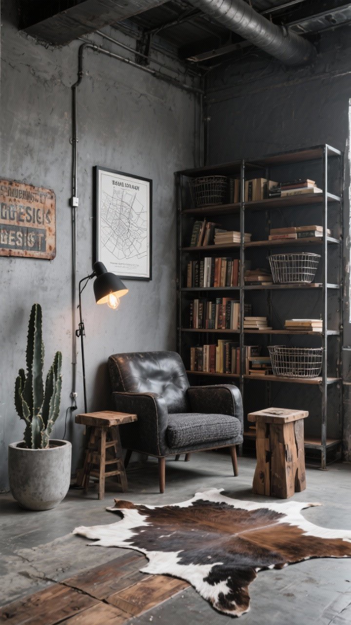 Photorealistic wide shot of an industrial loft reading nook with urban edge: charcoal or soft concrete gray walls, metal-framed bookcase filled with books and a few wire baskets; low, deep armchair in charcoal tweed or distressed leather; cowhide or mottled rug on concrete or worn wood floor; reclaimed wood side table; matte black floor lamp with an exposed Edison bulb providing warm light; vintage signage and a framed city map on the wall; concrete planter with a sculptural cactus; palette charcoal, black, warm wood, rust; materials metal, leather, concrete, reclaimed wood.
