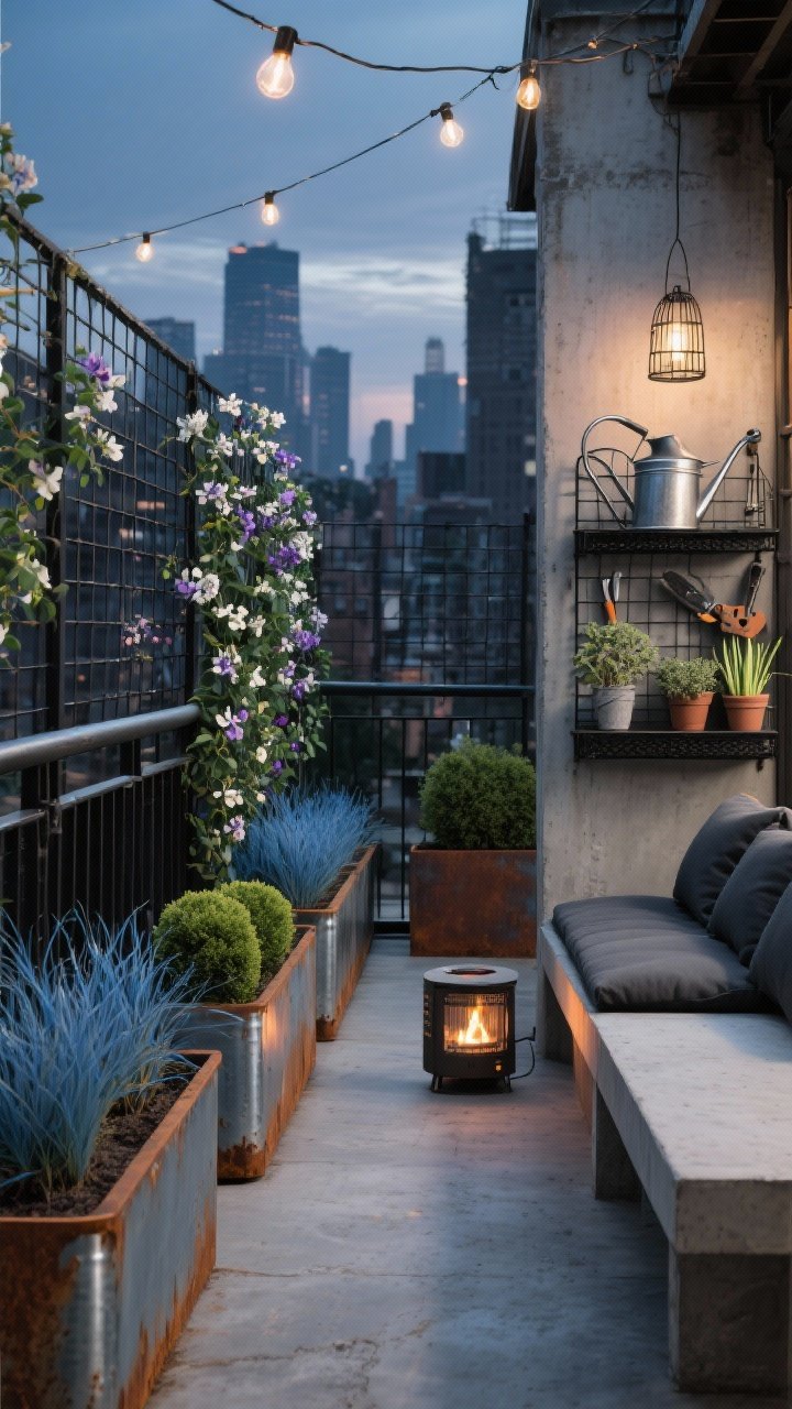 Photorealistic wide shot of an industrial rail garden with metal accents: galvanized steel trough planters line the railing, a black grid trellis supports climbing jasmine or sweet peas, and Corten-style planters add rusted modern edges with blue fescue grasses and compact boxwood for structure. A slim concrete-look bench with charcoal cushions provides seating. A black mesh utility shelf holds a metal watering can, tools, and small pots of oregano and chives. Cage-style string lights span overhead, and a small fire-safe tabletop heater sits nearby. Moody evening glow, urban skyline visible, straight-on.