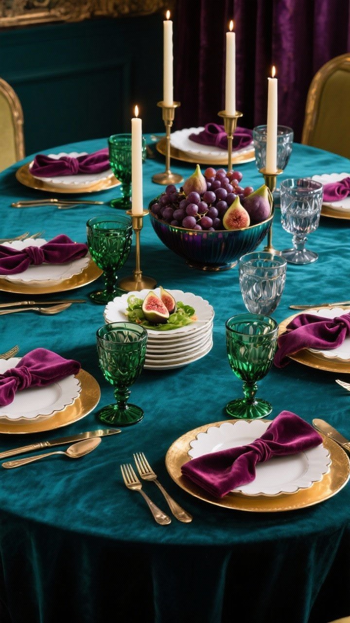 Photorealistic wide shot of Jewel-Tone Velvet & Cut Glass Glam: a deep teal velvet tablecloth as the base, place settings with gold chargers and stacked white scalloped plates, berry-colored napkins tied in loose knots and tucked sideways under the salad plates. Around the table, clusters of vintage-style cut-glass goblets in emerald and smoke, and tall taper candles in mixed jewel tones within simple brass holders. A low bowl overflowing with purple grapes and figs forms a lush still-life centerpiece. Rich teal, berry, emerald, and gold palette; dramatic, evening glow.