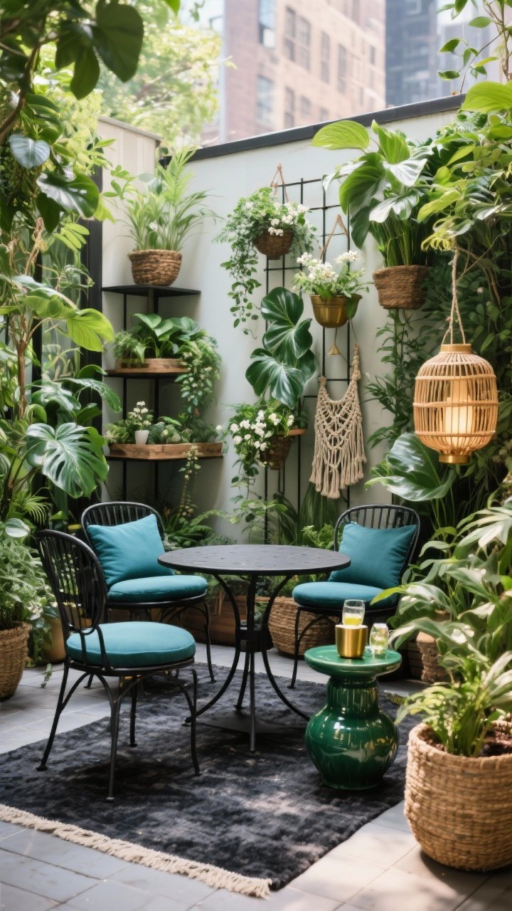 Photorealistic wide shot, straight-on: a mini jungle patio with maximal botanical layering. Charcoal outdoor rug grounding the scene, bistro-height black iron café set with round seats, deep teal cushions. Vertical greenery: tiered plant stands, hanging baskets, slim trellis supporting philodendron or jasmine. Textures include rattan lanterns, jute baskets, a macramé plant hanger. Brass planters punctuating the leafy greens. A glossy emerald ceramic side table holding drinks. Lush, enveloped “hideaway in the city” mood, bright natural daylight filtering through foliage.