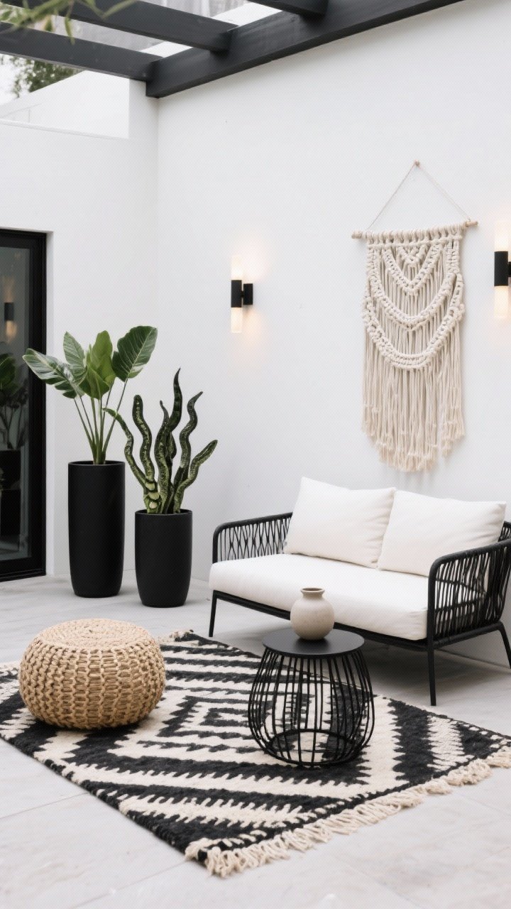Photorealistic wide shot, straight-on minimal composition: monochrome boho patio in black, white, and natural tones. Sleek black metal loveseat with ivory cushions, black-and-cream tribal rug defining the zone. Matte black cylinder planters with snake plants and ZZ plants for sculptural greenery. Accents: woven seagrass pouf, black wire side table, simple ceramic vase. Cream macramé wall hanging softening the backdrop. Minimal up-and-down wall sconces emitting gentle light. Calm, cohesive, spacious feel.