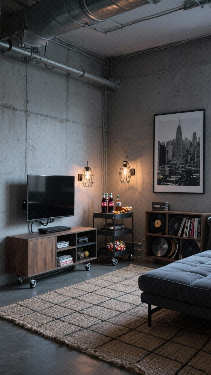 Photorealistic wide shot, urban loft nook: soft gray or concrete-effect painted walls, charcoal futon sofa with black metal legs, steel-and-wood media unit on casters, TV on a swivel arm angled toward seating, jute rug, grid bookshelf with vinyl records, two caged sconce lights on dimmers casting industrial shadows, a single oversized black-and-white city print as art, rolling bar cart stocked with sodas, bourbon, and movie candy; evening ambiance with dim industrial lighting.