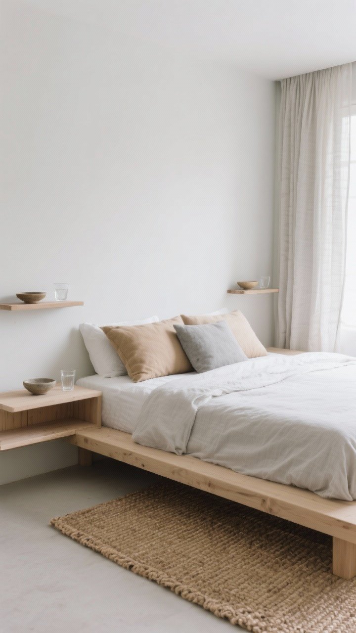 Serene bedroom medium-wide shot with a pale ash platform bed dressed in chalky linen bedding; layered pillows in muted wheat and stone; narrow wall shelves replacing nightstands, each with a small ceramic dish and a water glass; flat-woven jute rug underfoot; single linen curtain panel filtering daylight; palette of ash wood, wheat linen, stone gray, white; low vantage to highlight low bed making walls feel taller.
