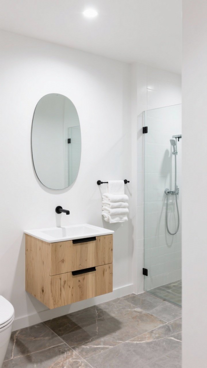 Small bathroom wide shot in matte white walls; blonde timber flat-front vanity with slim black pulls; rounded-corner frameless mirror above; single clear glass shower panel instead of curtain; warm-gray stone-look porcelain floor; white towels neatly stacked on a peg rail; bright, clean lighting to emphasize transparency and openness; palette blonde wood, matte white, warm gray, black accents.