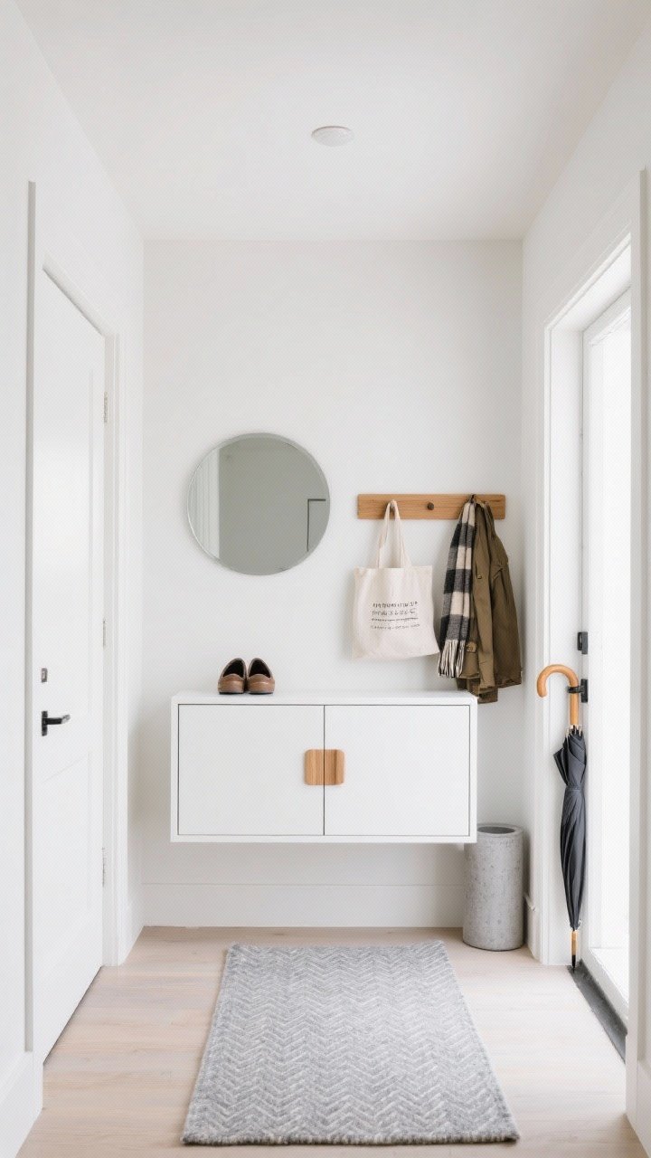Straight-on entryway shot in soft bone white; slim wall-hung matte-white shoe cabinet with oak pulls; round frameless mirror above reflecting light; single oak peg-rail with coats, reusable totes, and a scarf; light gray wool runner with tiny herringbone pattern; petite concrete umbrella cylinder by the door; bright, even lighting to emphasize floating storage and widened sightlines.
